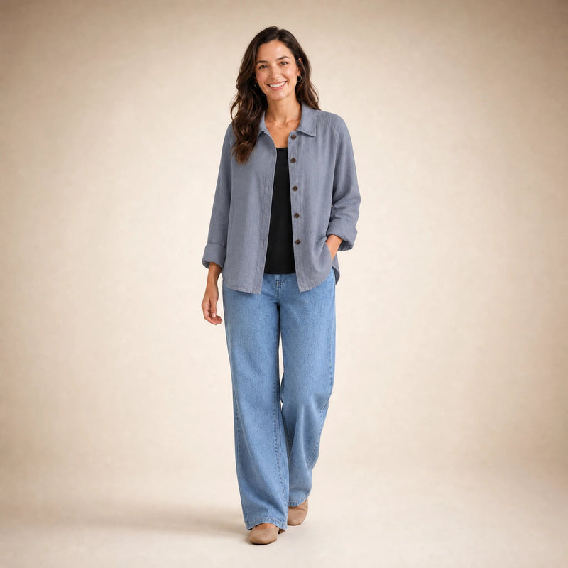 Emilia | Women's Cotton-Like Button-Up Blouse in Gray, view 3