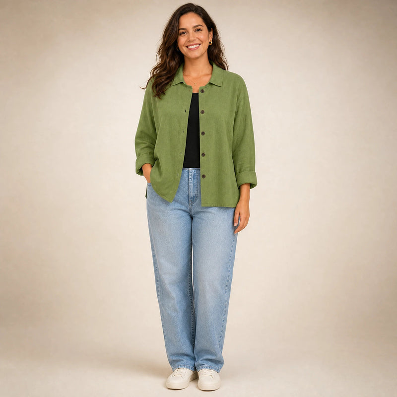 Emilia | Women's Cotton-Like Button-Up Blouse in Green, view 1