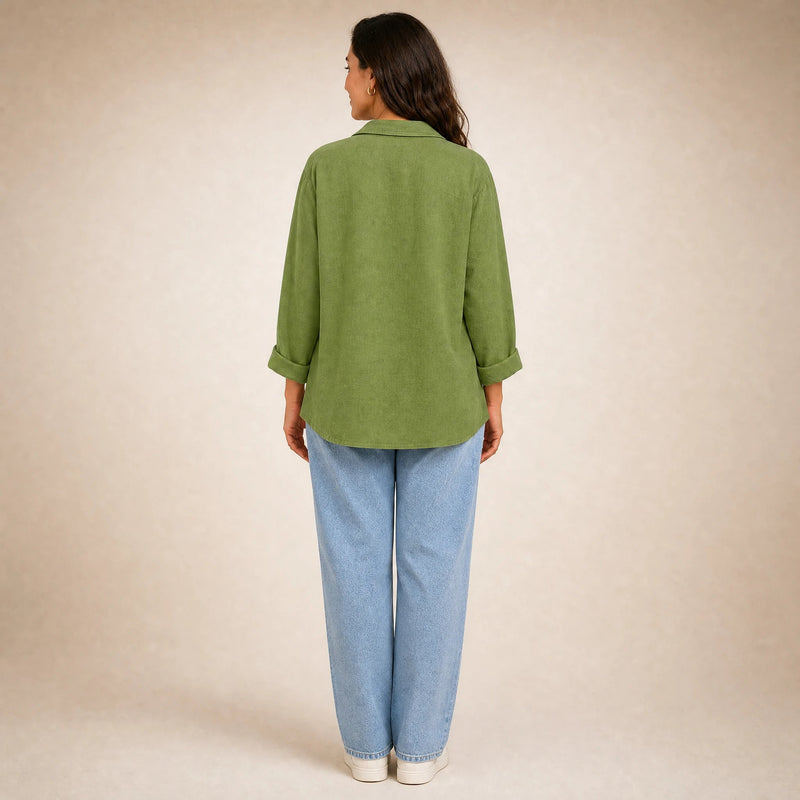 Emilia | Women's Cotton-Like Button-Up Blouse in Green, view 2