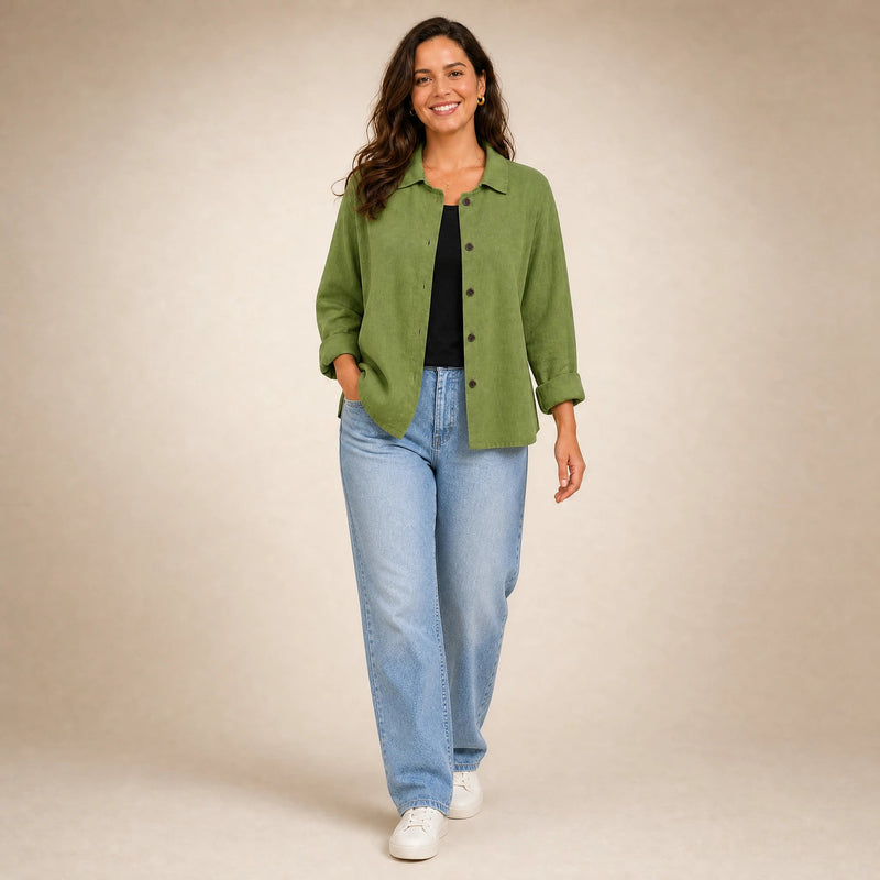 Emilia | Women's Cotton-Like Button-Up Blouse in Green, view 3