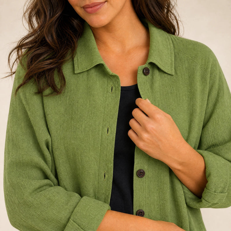 Emilia | Women's Cotton-Like Button-Up Blouse in Green, view 4