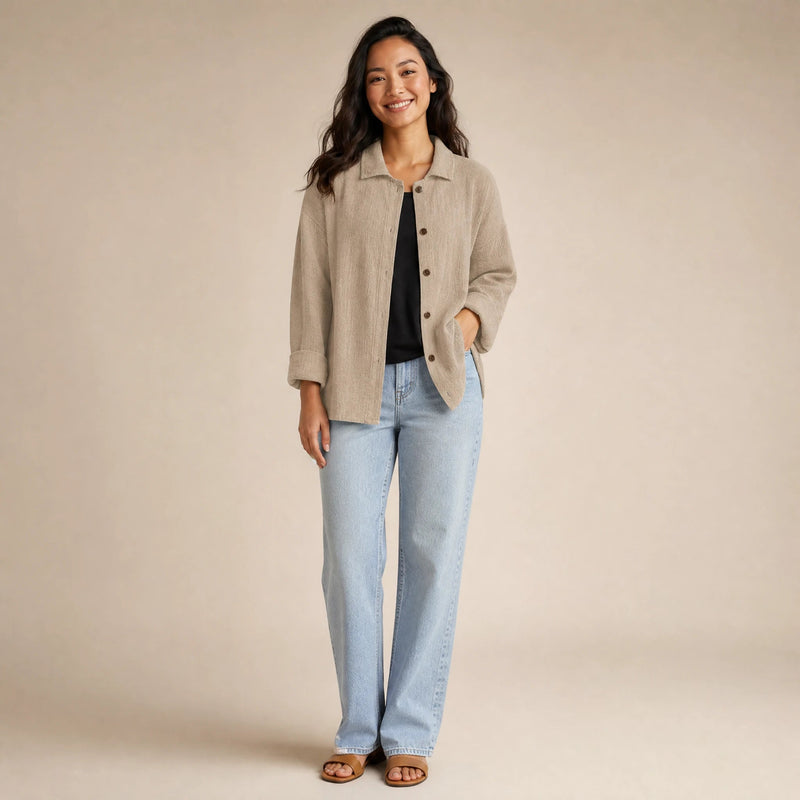 Emilia | Women's Cotton-Like Button-Up Blouse in Khaki, view 1