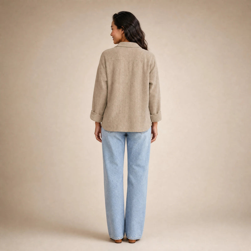 Emilia | Women's Cotton-Like Button-Up Blouse in Khaki, view 2