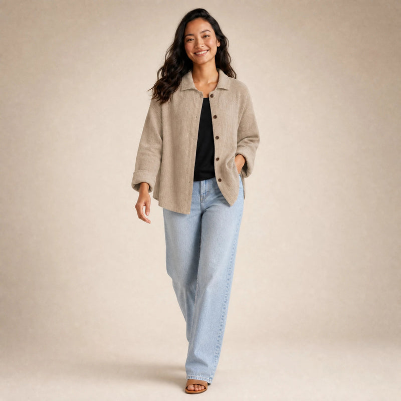 Emilia | Women's Cotton-Like Button-Up Blouse in Khaki, view 3