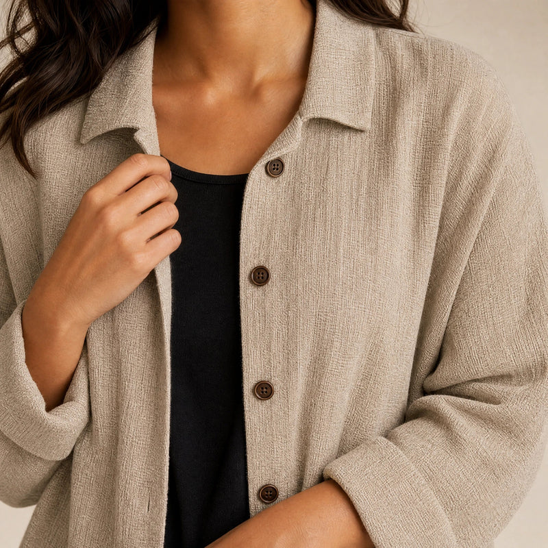 Emilia | Women's Cotton-Like Button-Up Blouse in Khaki, view 4