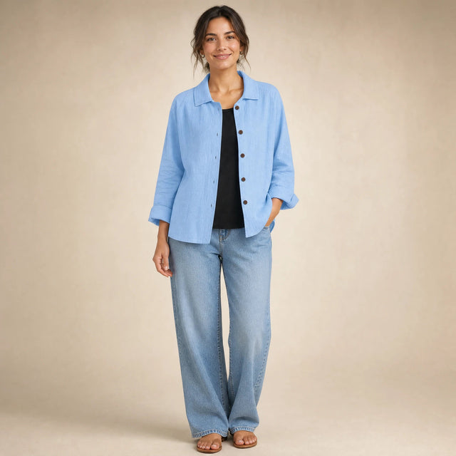 Emilia | Women's Cotton-Like Button-Up Blouse in Light Blue, view 1