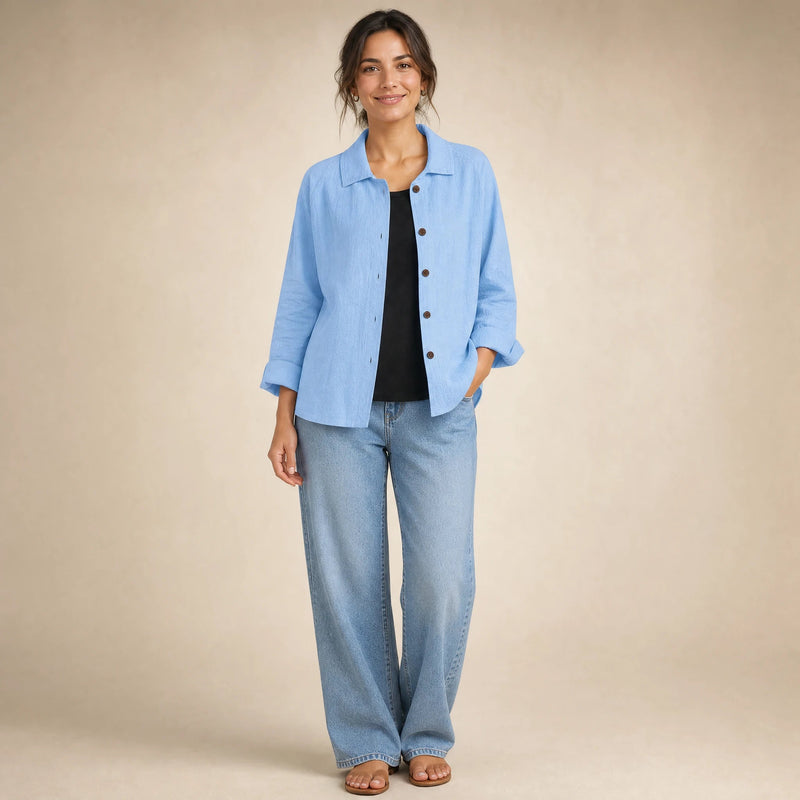 Emilia | Women's Cotton-Like Button-Up Blouse in Light Blue, view 1