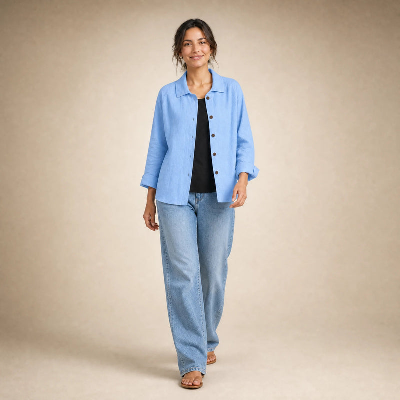 Emilia | Women's Cotton-Like Button-Up Blouse in Light Blue, view 3