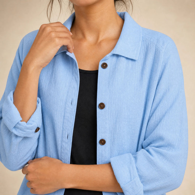 Emilia | Women's Cotton-Like Button-Up Blouse in Light Blue, view 4