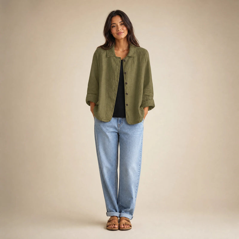 Emilia | Women's Cotton-Like Button-Up Blouse in Olive Green, view 1