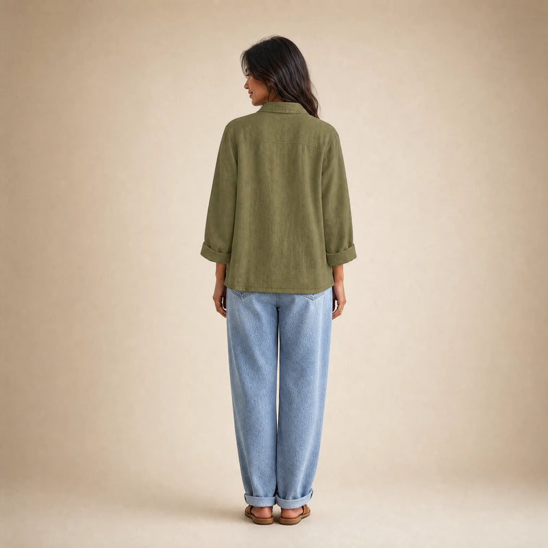 Emilia | Women's Cotton-Like Button-Up Blouse in Olive Green, view 2