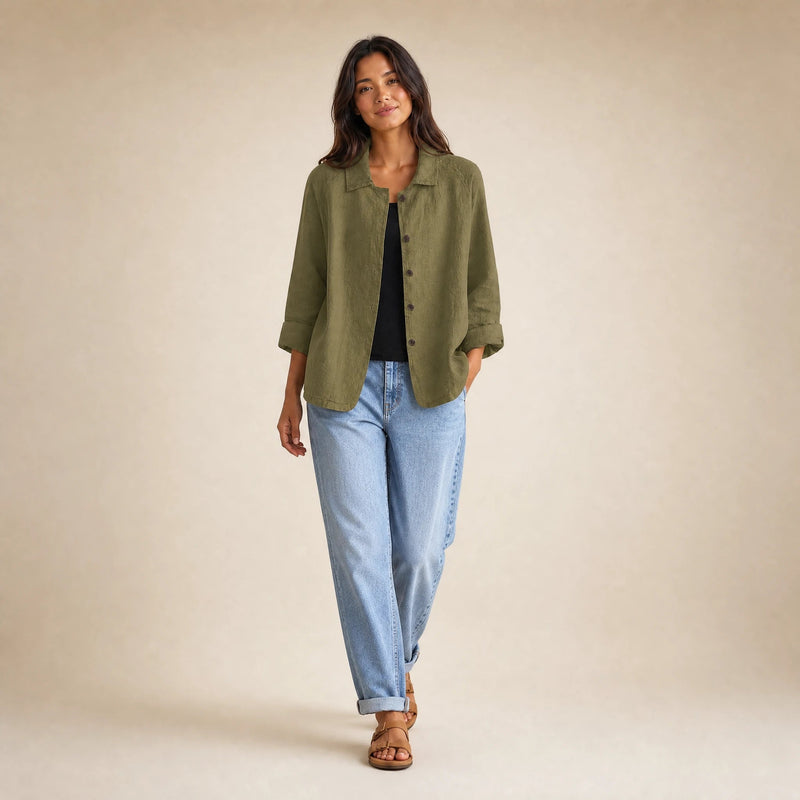 Emilia | Women's Cotton-Like Button-Up Blouse in Olive Green, view 3