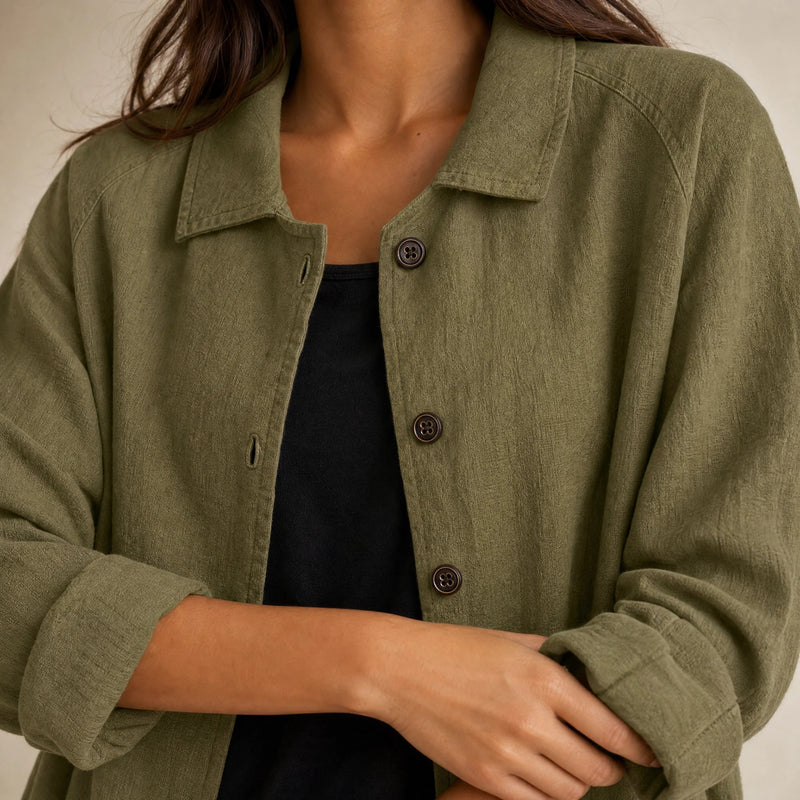 Emilia | Women's Cotton-Like Button-Up Blouse in Olive Green, view 4