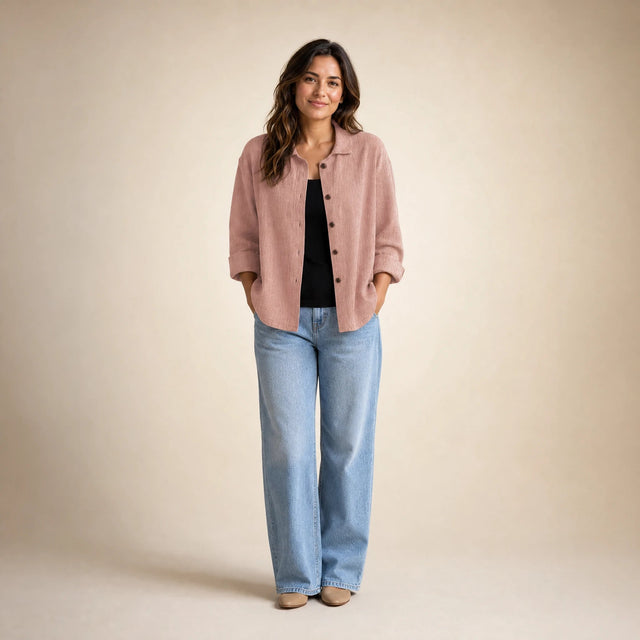 Emilia | Women's Cotton-Like Button-Up Blouse in Pink, view 1