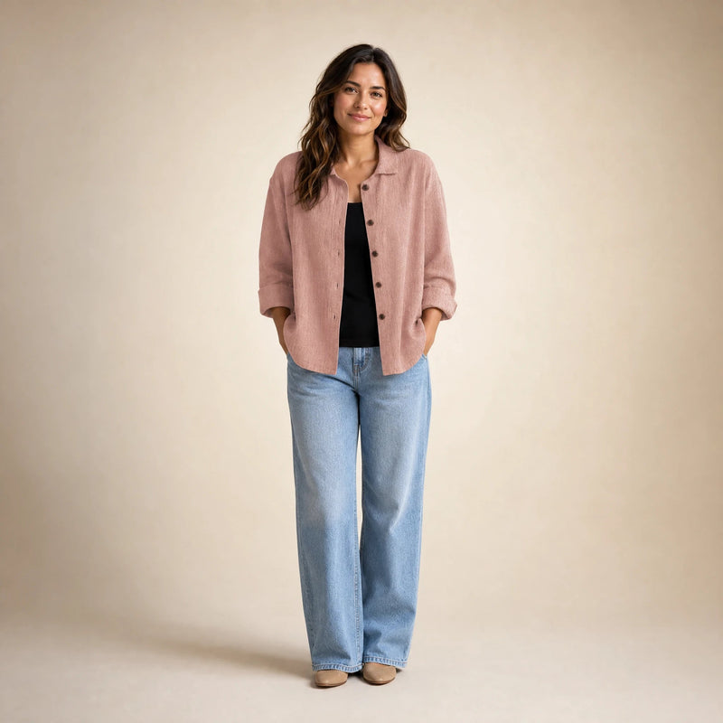 Emilia | Women's Cotton-Like Button-Up Blouse in Pink, view 1