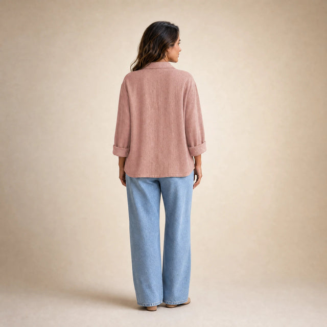 Emilia | Women's Cotton-Like Button-Up Blouse in Pink, view 2