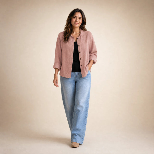 Emilia | Women's Cotton-Like Button-Up Blouse in Pink, view 3