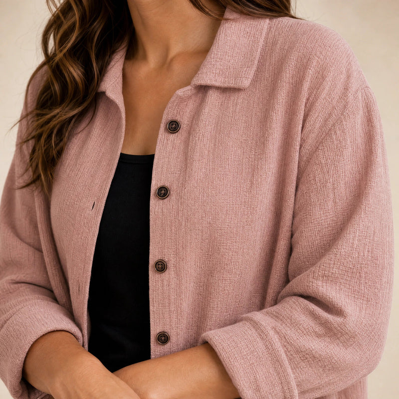 Emilia | Women's Cotton-Like Button-Up Blouse in Pink, view 4