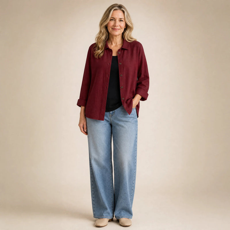 Emilia | Women's Cotton-Like Button-Up Blouse in Red, view 1