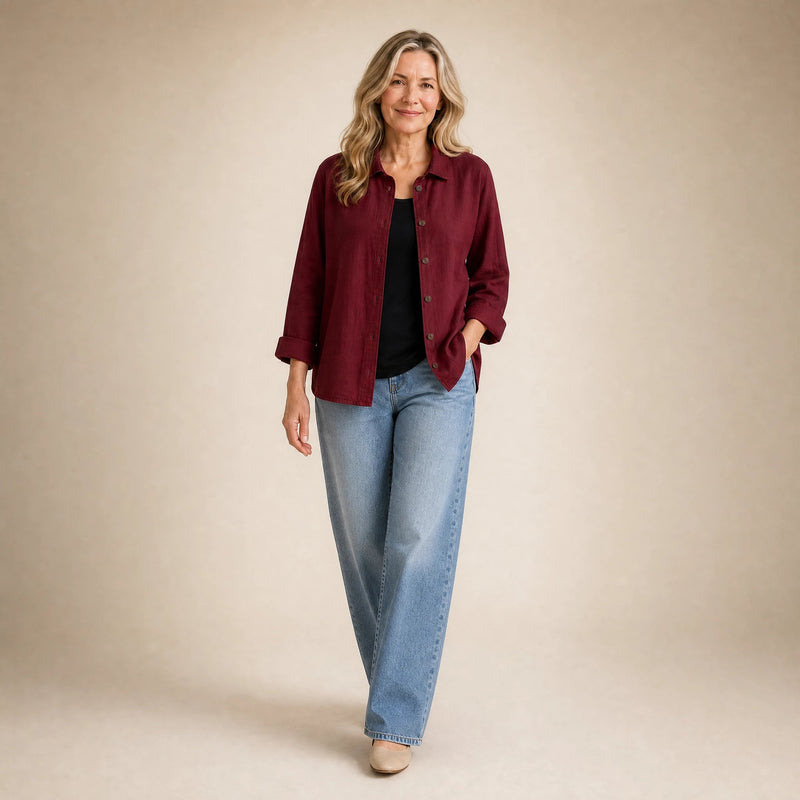 Emilia | Women's Cotton-Like Button-Up Blouse in Red, view 3