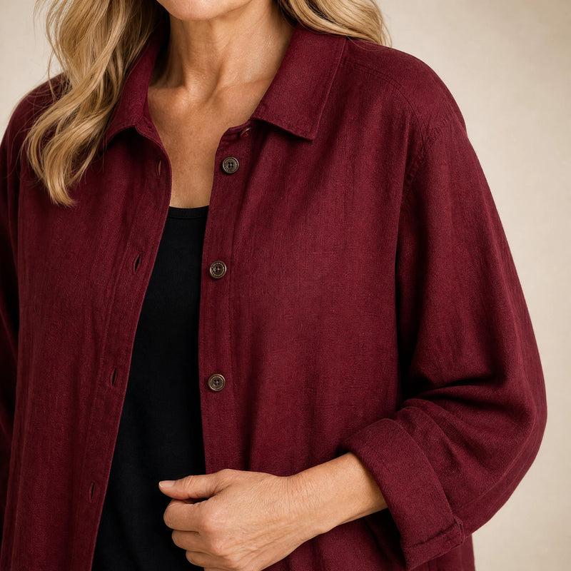 Emilia | Women's Cotton-Like Button-Up Blouse in Red, view 4