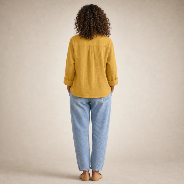 Emilia | Women's Cotton-Like Button-Up Blouse in Yellow, view 2