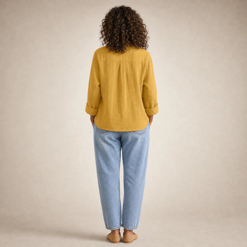 Emilia | Women's Cotton-Like Button-Up Blouse in Yellow, view 2