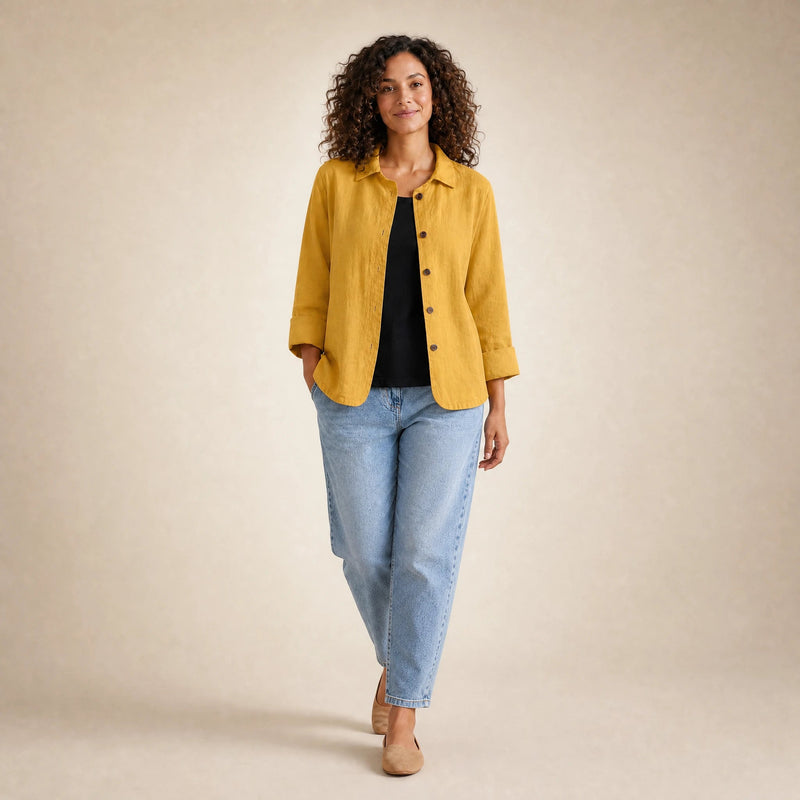Emilia | Women's Cotton-Like Button-Up Blouse in Yellow, view 3