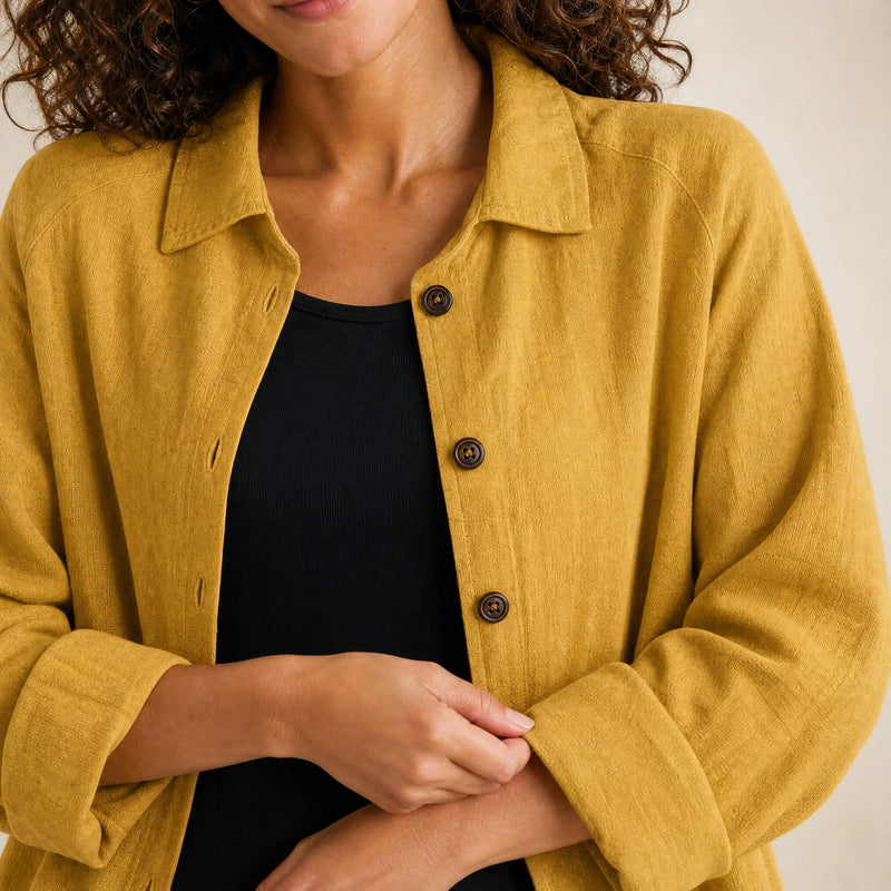 Emilia | Women's Cotton-Like Button-Up Blouse in Yellow, view 4