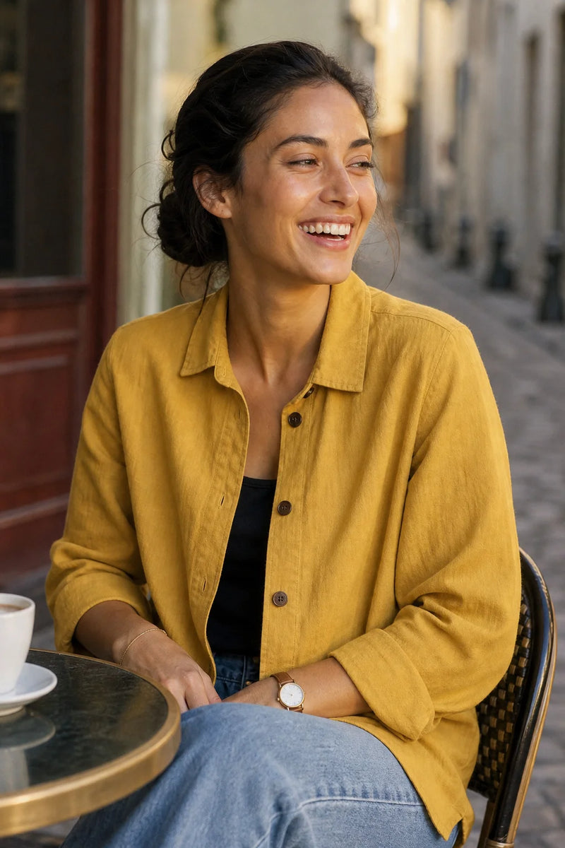 Emilia | Bluse i Bomuldslignende Stof i Gul, cafescene