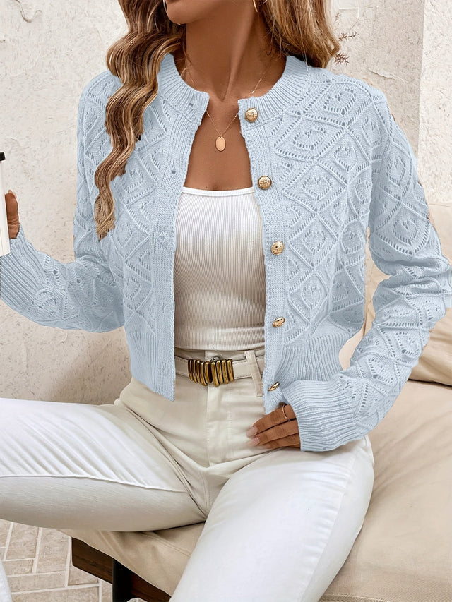 Cardigan Dame Cropped i Strik med Knapper i Lyseblå, produktbillede