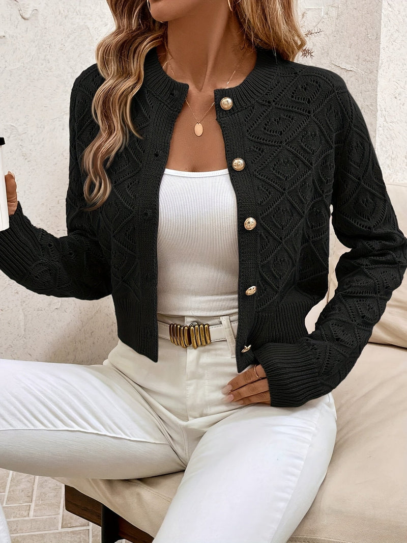 Cardigan Dame Cropped i Strik med Knapper i Sort, produktbillede