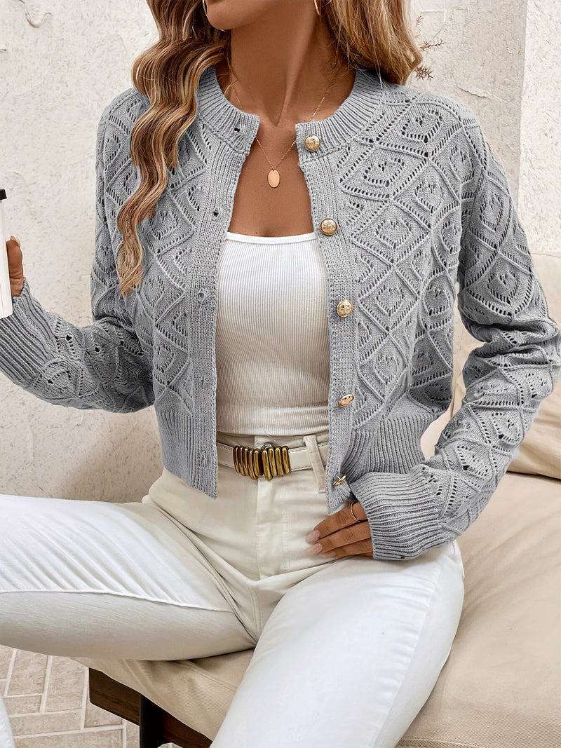 Cardigan Dame Cropped i Strik med Knapper i Grå, produktbillede