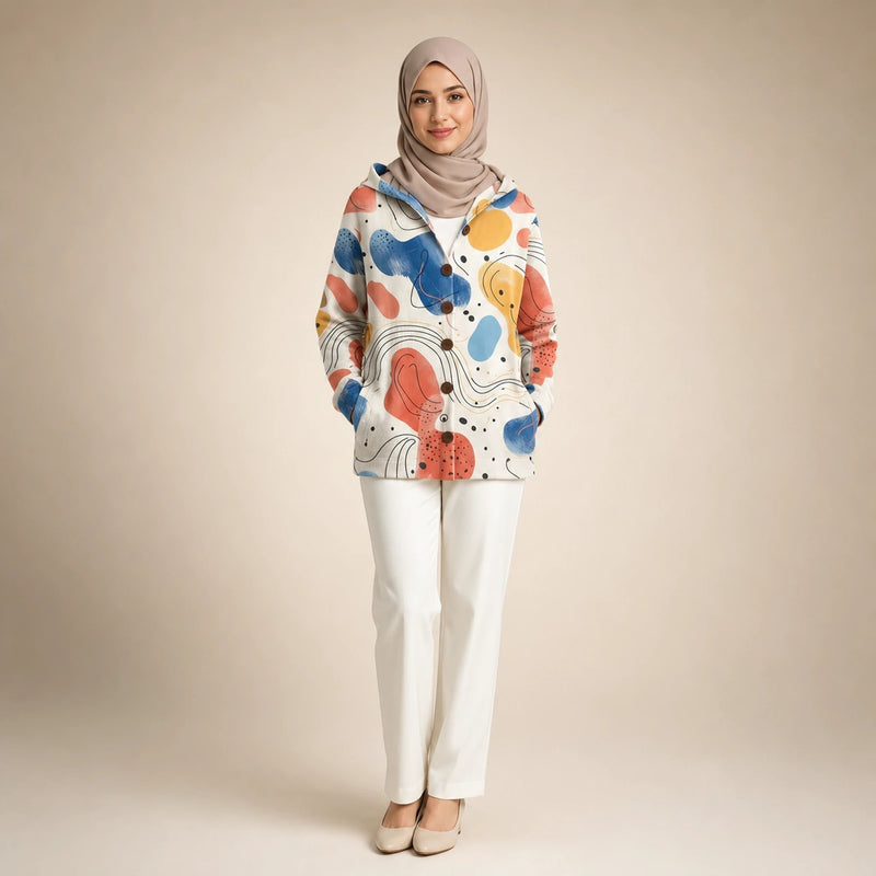 Emily | Women's Long Hooded Cardigan, Soft Brushed Knit in Beige, view 1