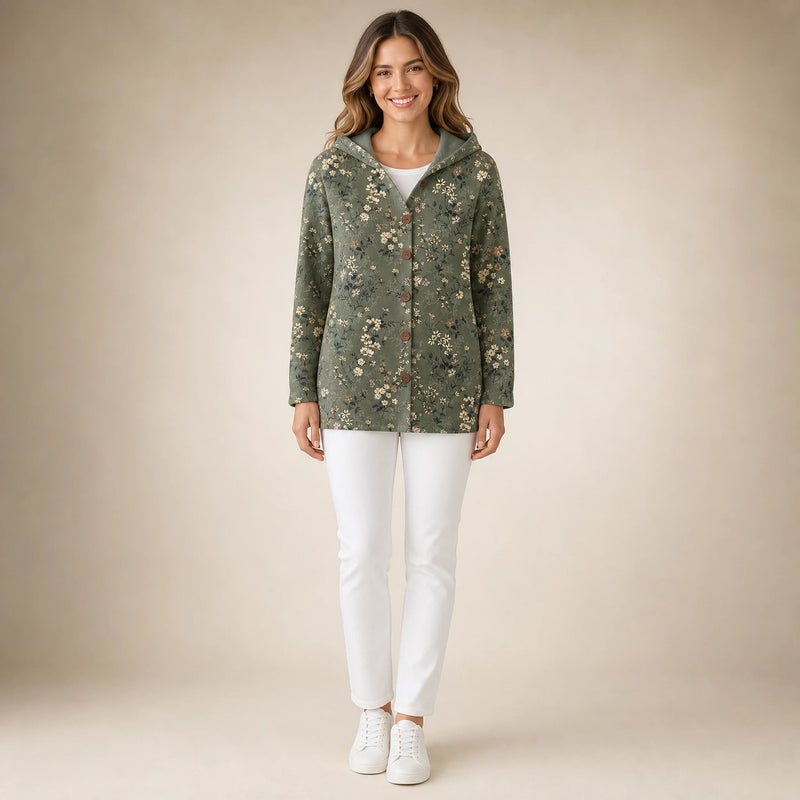 Emily | Women's Long Hooded Cardigan, Soft Brushed Knit in Dark Green, view 1
