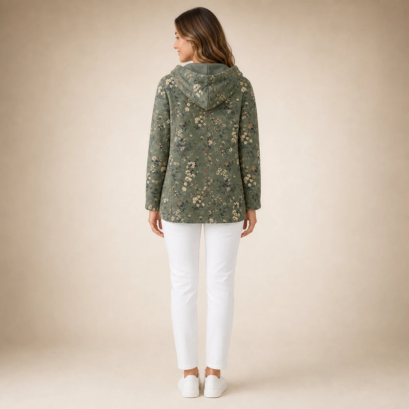 Emily | Women's Long Hooded Cardigan, Soft Brushed Knit in Dark Green, view 2