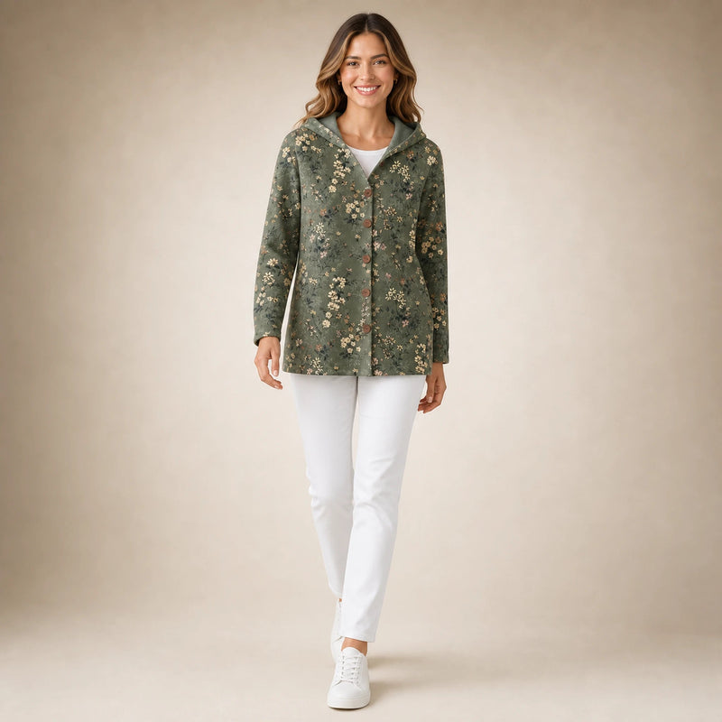 Emily | Women's Long Hooded Cardigan, Soft Brushed Knit in Dark Green, view 3