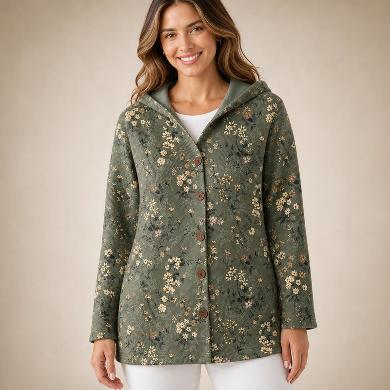 Emily | Women's Long Hooded Cardigan, Soft Brushed Knit in Dark Green, view 4