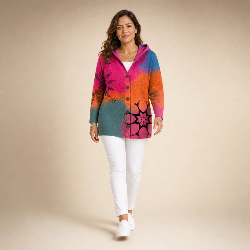 Emily | Women's Long Hooded Cardigan, Soft Brushed Knit in Fuchsia, view 3