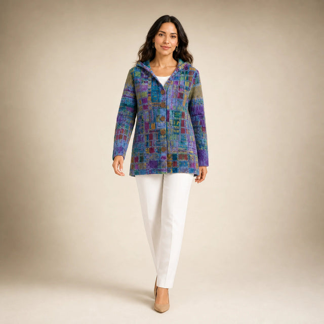 Emily | Women's Long Hooded Cardigan, Soft Brushed Knit in Purple, view 3