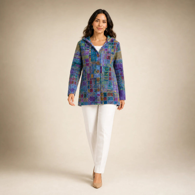 Emily | Women's Long Hooded Cardigan, Soft Brushed Knit in Purple, view 3