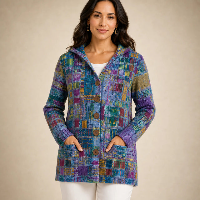 Emily | Women's Long Hooded Cardigan, Soft Brushed Knit in Purple, view 4