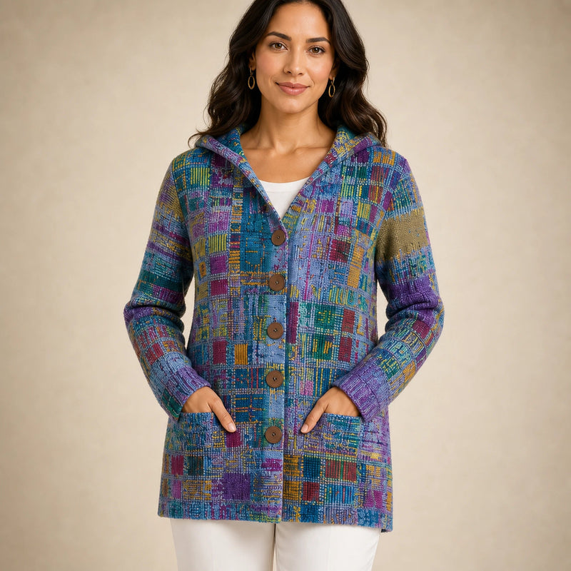 Emily | Women's Long Hooded Cardigan, Soft Brushed Knit in Purple, view 4