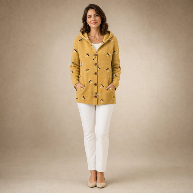 Emily | Women's Long Hooded Cardigan, Soft Brushed Knit in Yellow, view 1