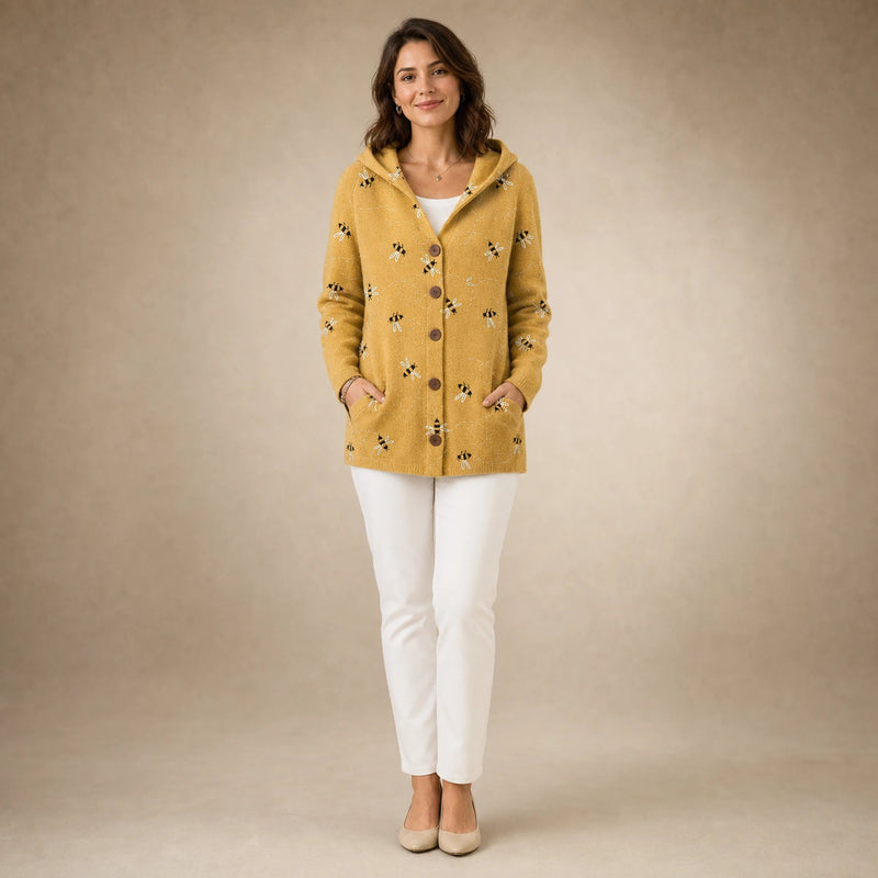 Emily | Women's Long Hooded Cardigan, Soft Brushed Knit in Yellow, view 1