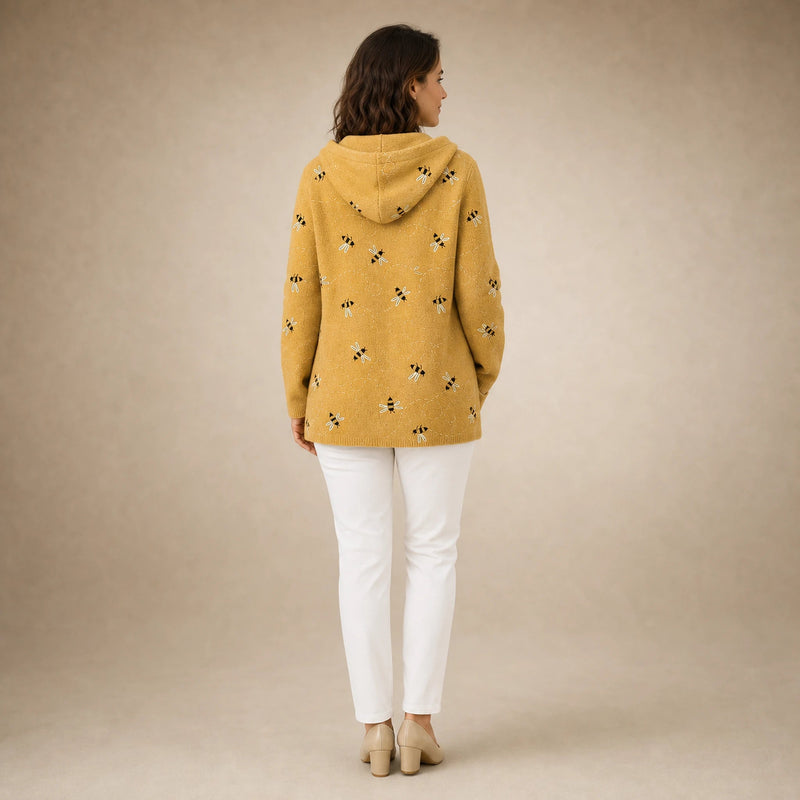 Emily | Women's Long Hooded Cardigan, Soft Brushed Knit in Yellow, view 2