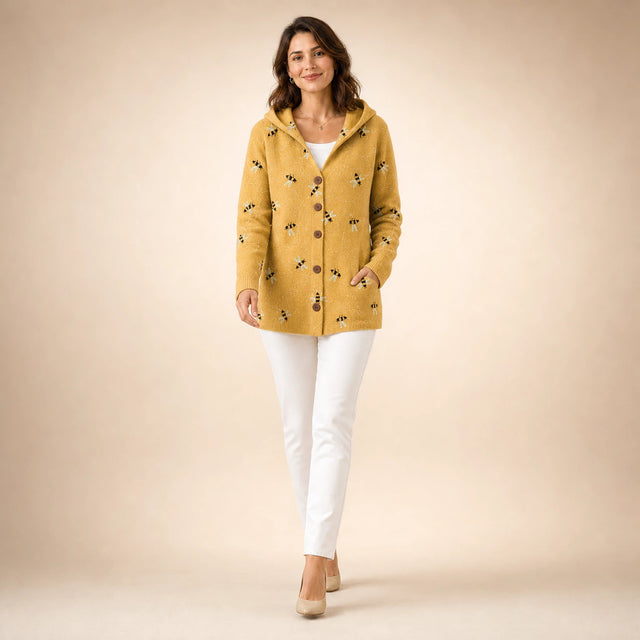 Emily | Women's Long Hooded Cardigan, Soft Brushed Knit in Yellow, view 3