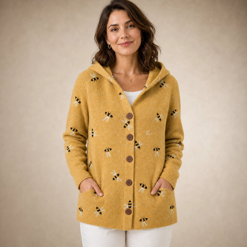 Emily | Women's Long Hooded Cardigan, Soft Brushed Knit in Yellow, view 4