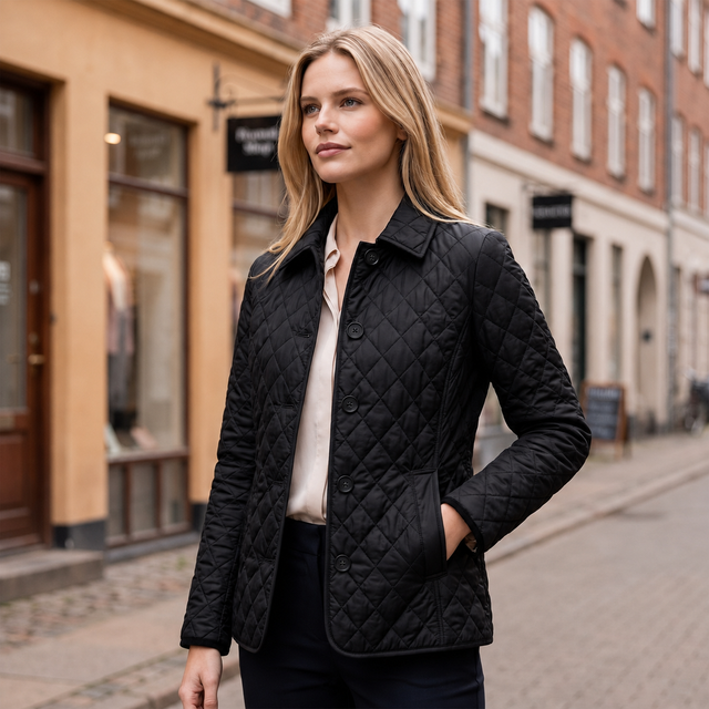 Emma | Quiltet Overgangsjakke i Sort, forfra