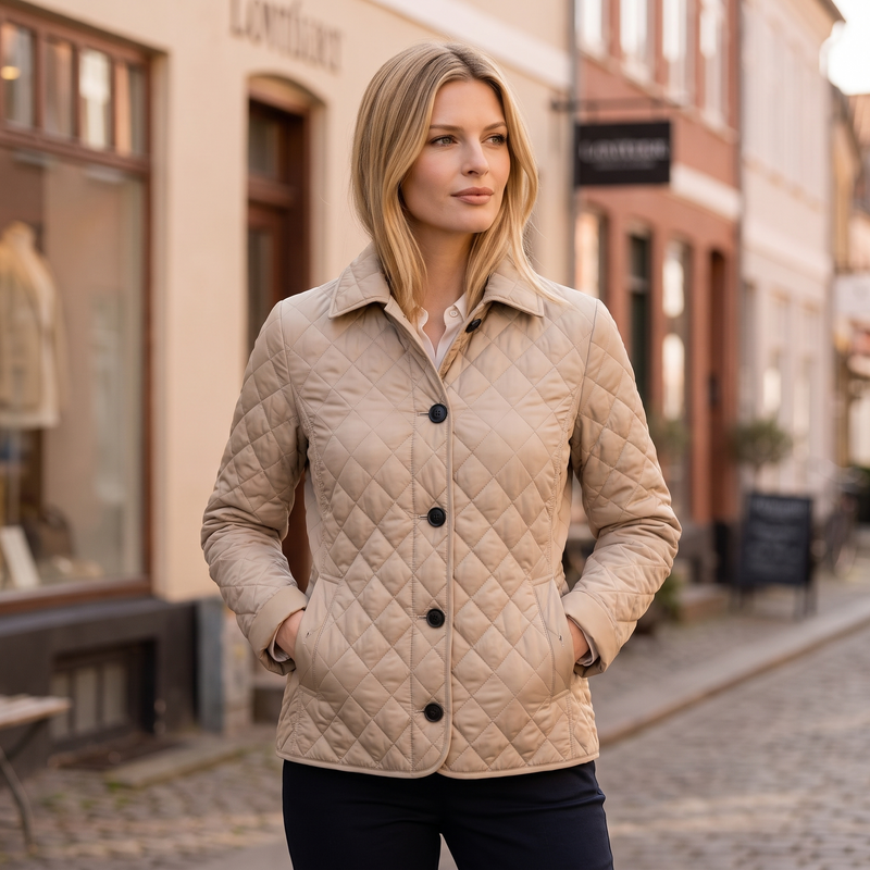 Emma | Quiltet Overgangsjakke i Khaki, forfra